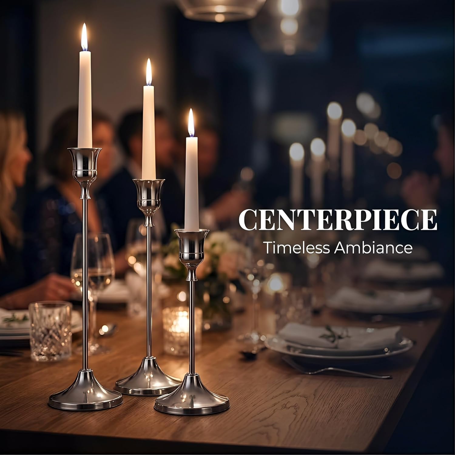 Silver Taper Candle Holders 4 Sets(12 Pcs) - Tall Metal Candlestick Holders for Table Centerpiece, Formal Dinner, Wedding, Fireplace Mantel Decor, Fits 3/4 Inch Thick Candles
