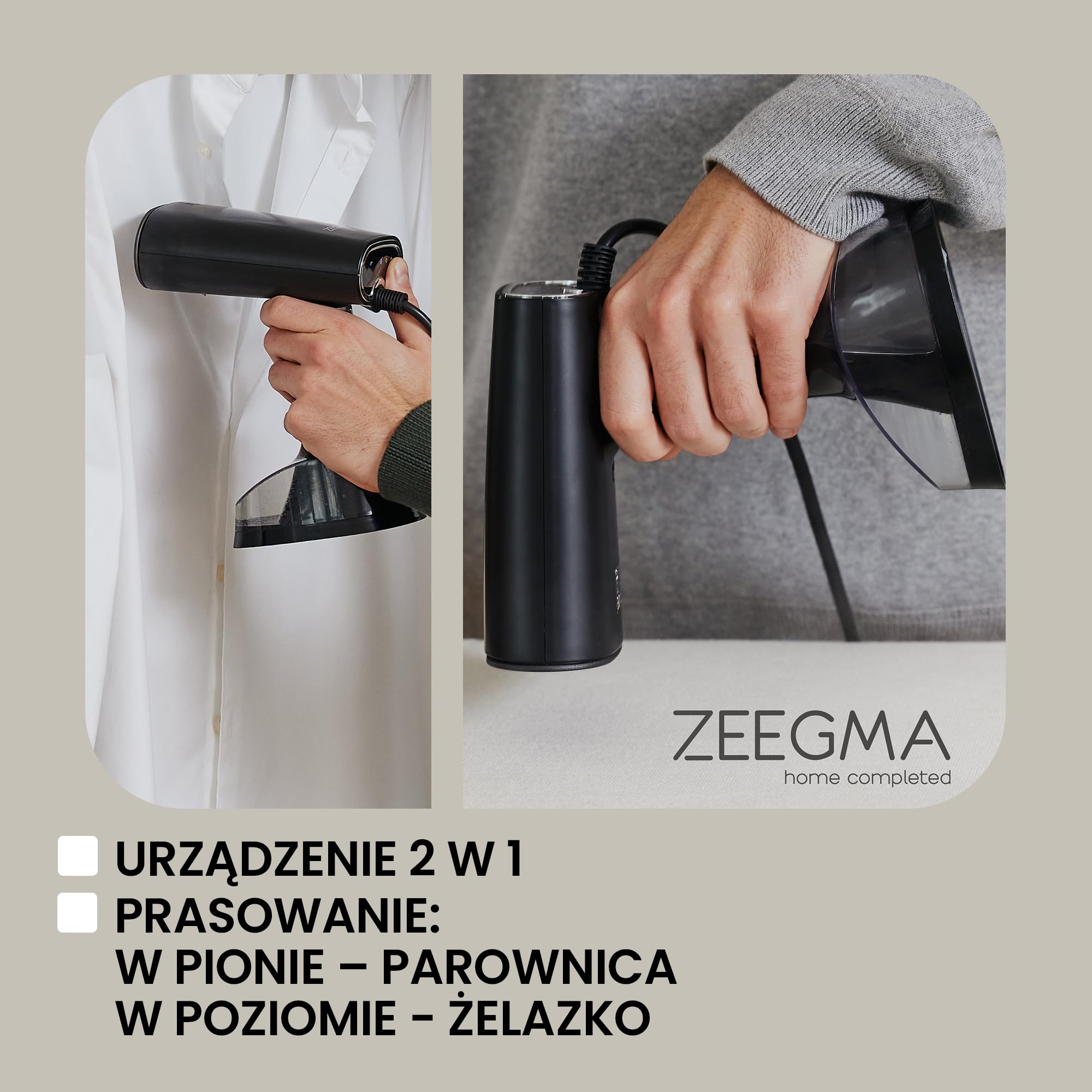 ZEEGMA FRISKEER Przenośna Parownica Ręczna do Ubrań 2w1, Żelazko Parowe 1640 W, 380 ml Wyrzut Pary 25 g/min Szybkie Nagrzewanie Bezpieczna Dla Tkanin Prasowanie w Pionie i Poziomie
