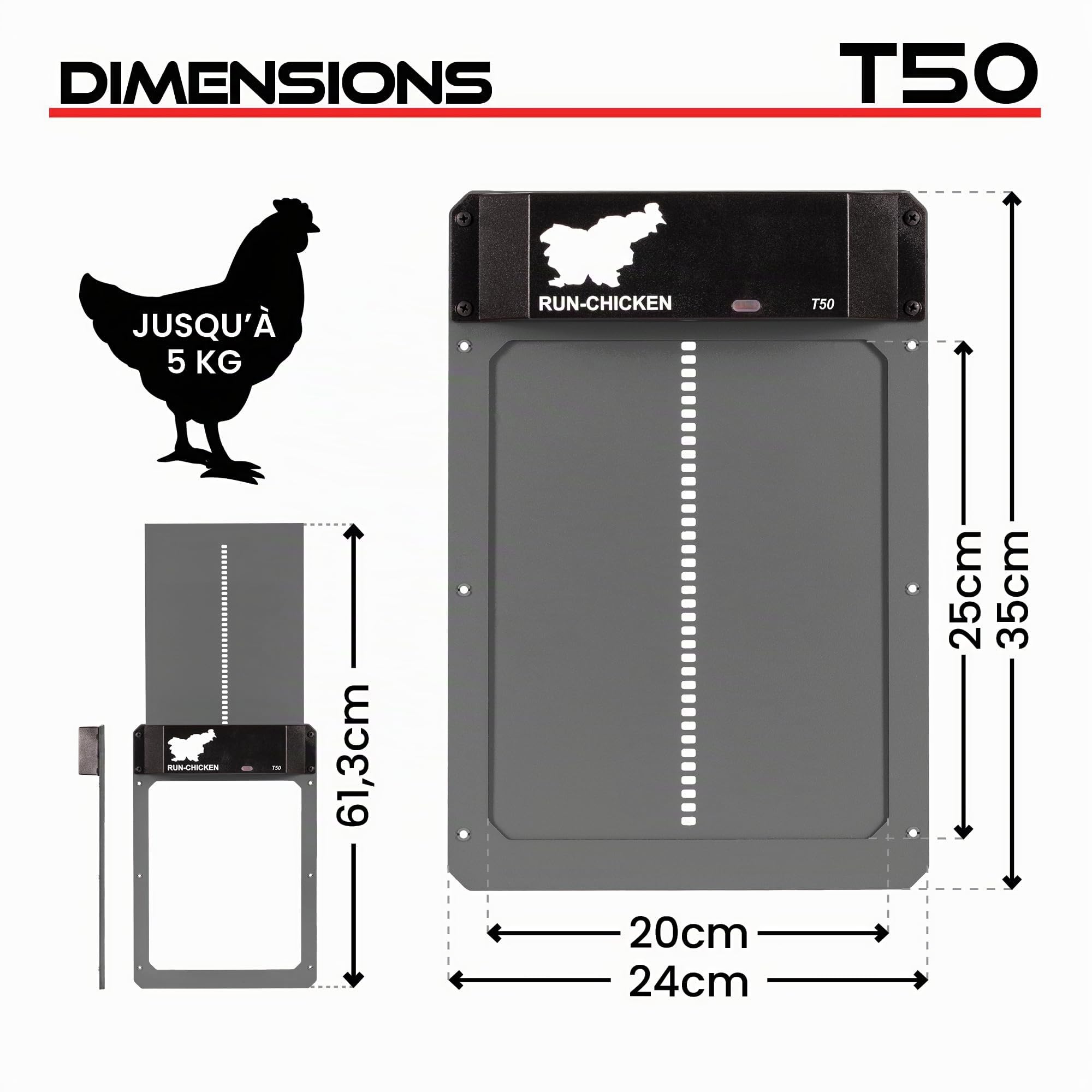 Run-Chicken T50 Grise, Porte Automatique en Aluminium Durable et résistante aux intempéries. avec Fonctions intelligentes, Elle protège Vos volailles et Assure Un Fonctionnement fiable Toute l’année.