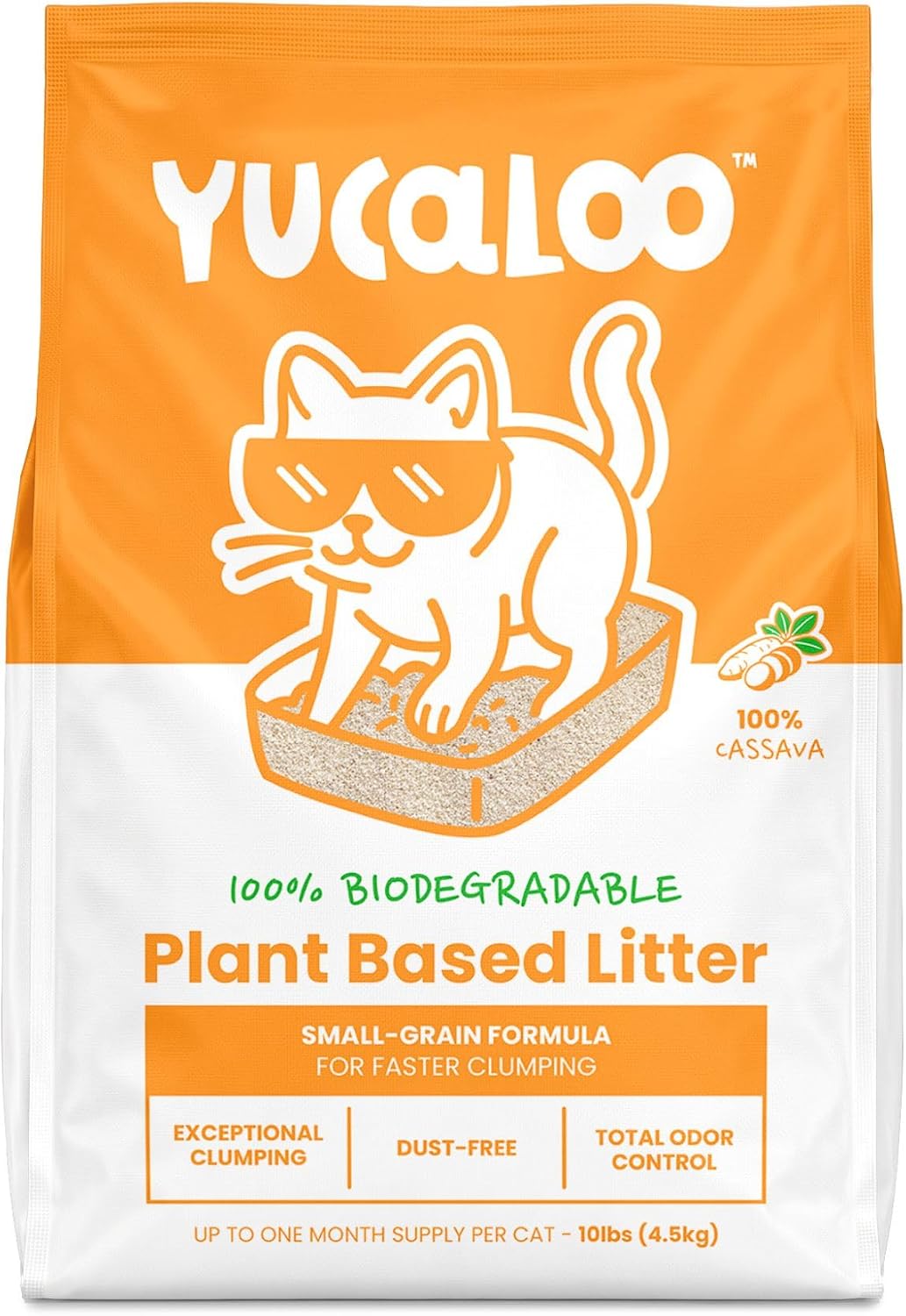 Natural Cat Litter 100% Cassava - Yucaloo Small Grains - Unscented, Ultra Fast Clumping & Exceptional Odor Control, Virtually No Dust, Biodegradable & Soft on Paws,10 lbs