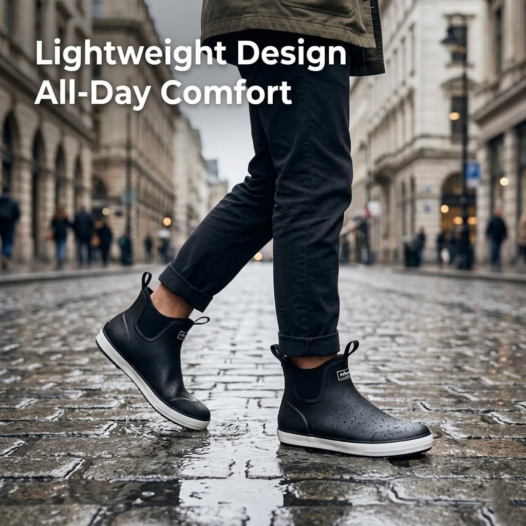 Men's Deck Boots, Waterproof Fishing Boots, Slip On Neoprene Rubber Boots for Men Ankle Rain Boots for Boating, Sailing, Hunting