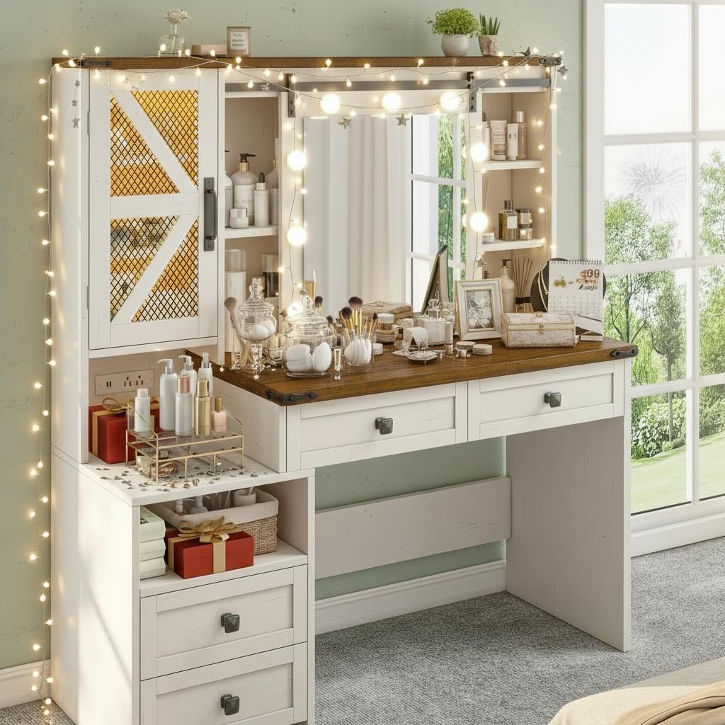 EnHomee Farmhouse Makeup Vanity Desk with Sliding HD Mirror and Lights, White Vanity Table with 4 Drawers & RGB Cabinets, Jewelry Organizer, Farmhouse Style for Bedroom, Antique White