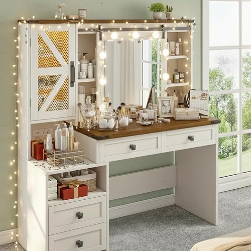 EnHomee Farmhouse Makeup Vanity Desk with Sliding HD Mirror and Lights, White Vanity Table with 4 Drawers & RGB Cabinets, Jewelry Organizer, Farmhouse Style for Bedroom, Antique White