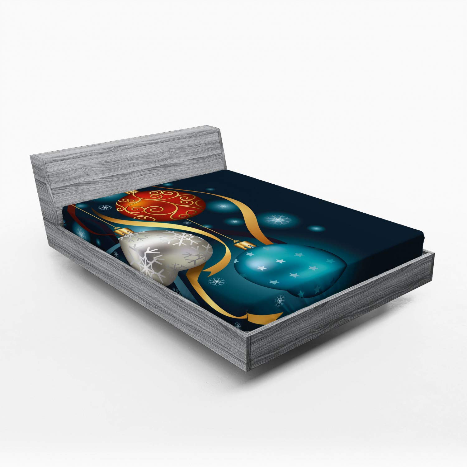 Ambesonne Christmas Fitted Sheet, Vivid Classical Baubles with Ribbons and Different Patterns Abstract, Soft Decorative Fabric Bedding All-Round Elastic Pocket, Full Size, Petrol Blue