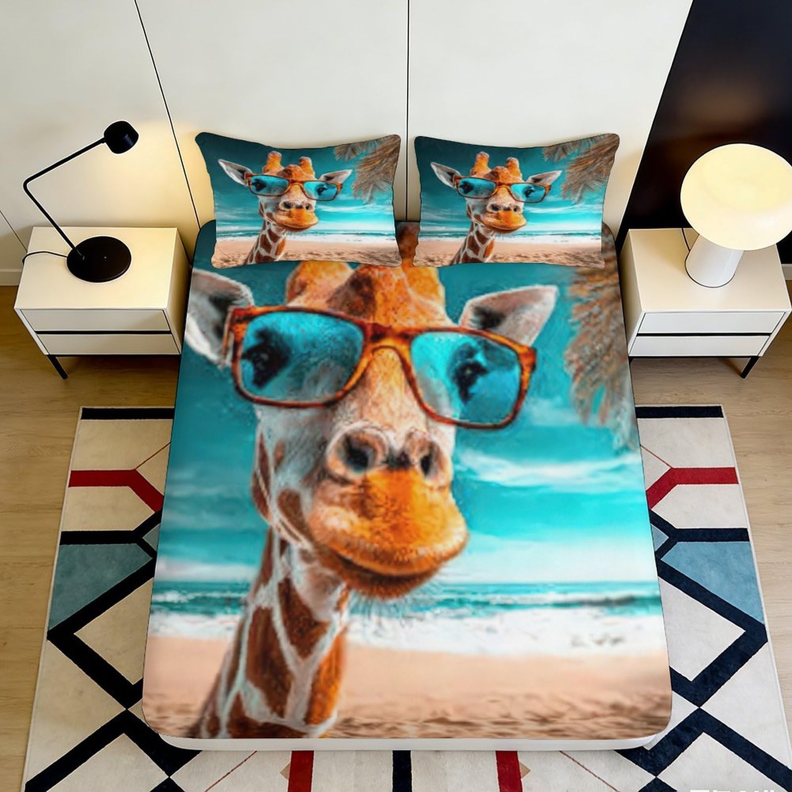 3D Printed Giraffe Beach Fitted Sheet Microfiber Soft Cartoon Animal Mattress Cover for Bedroom Dorm Decor Easy Care 90x200x25cm
