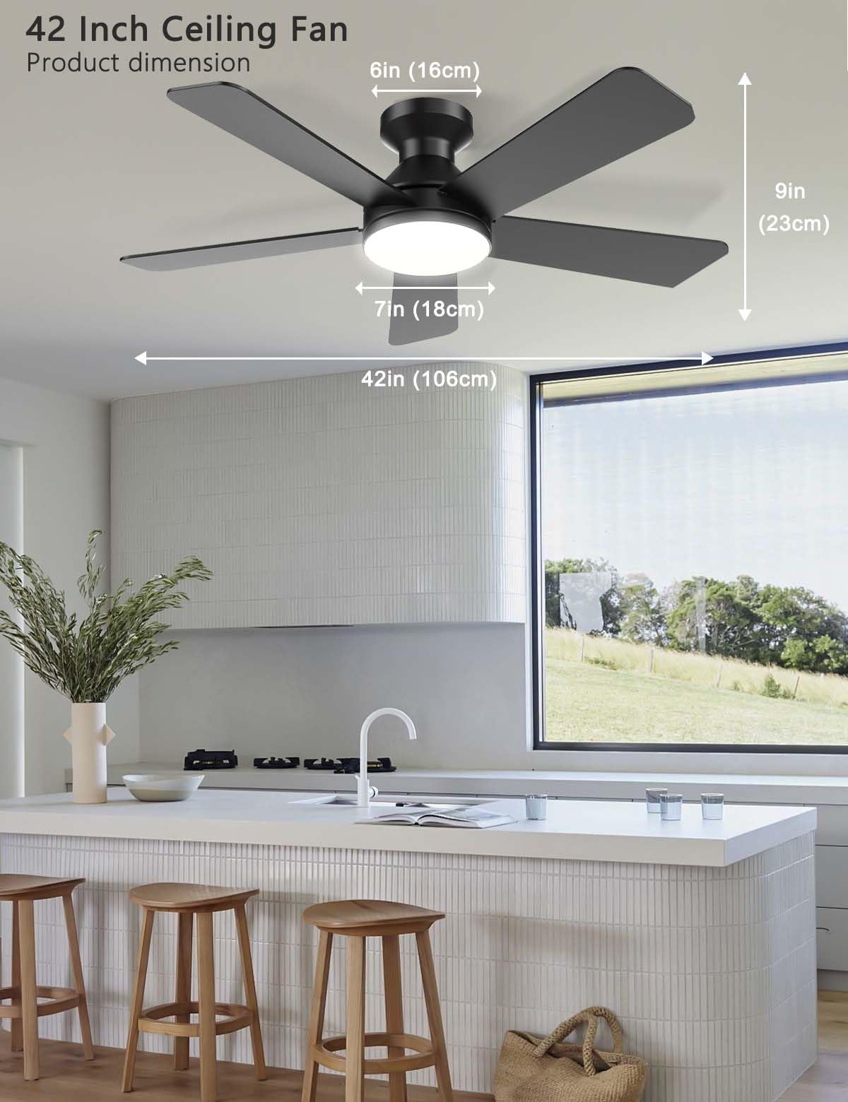 Ventilatore da soffitto silenzioso da 42 pollici con luci, controllo remoto e tramite app, timer, motore CC reversibile, 5 pale, 6 velocità, luci LED dimmerabili per camera da letto, soggiorno e cuci