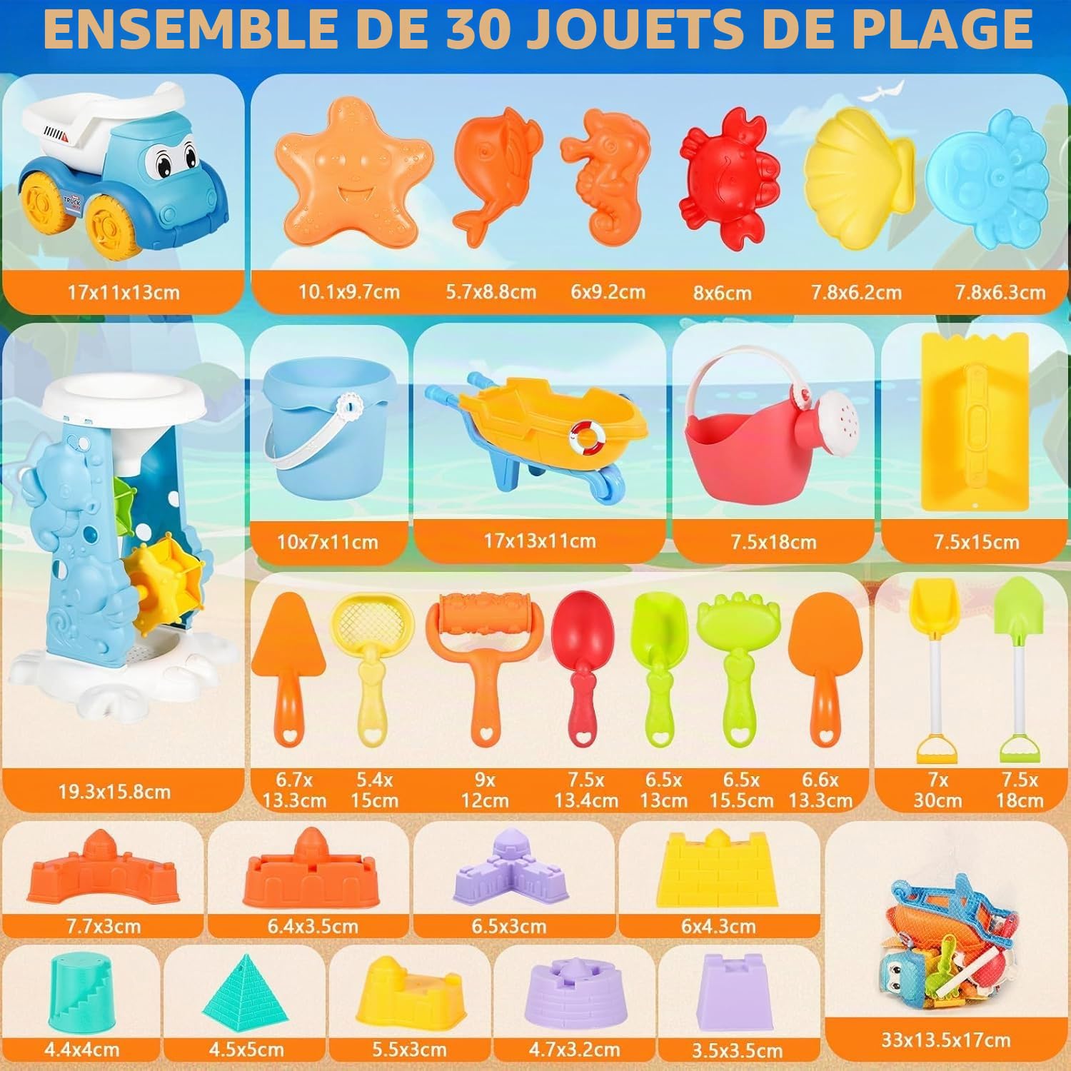 Kit De Plage 30 Pièces – Seau, Pelle, Moules, Roue à Eau – Sac Filet Inclus – Jouet Sable Enfant