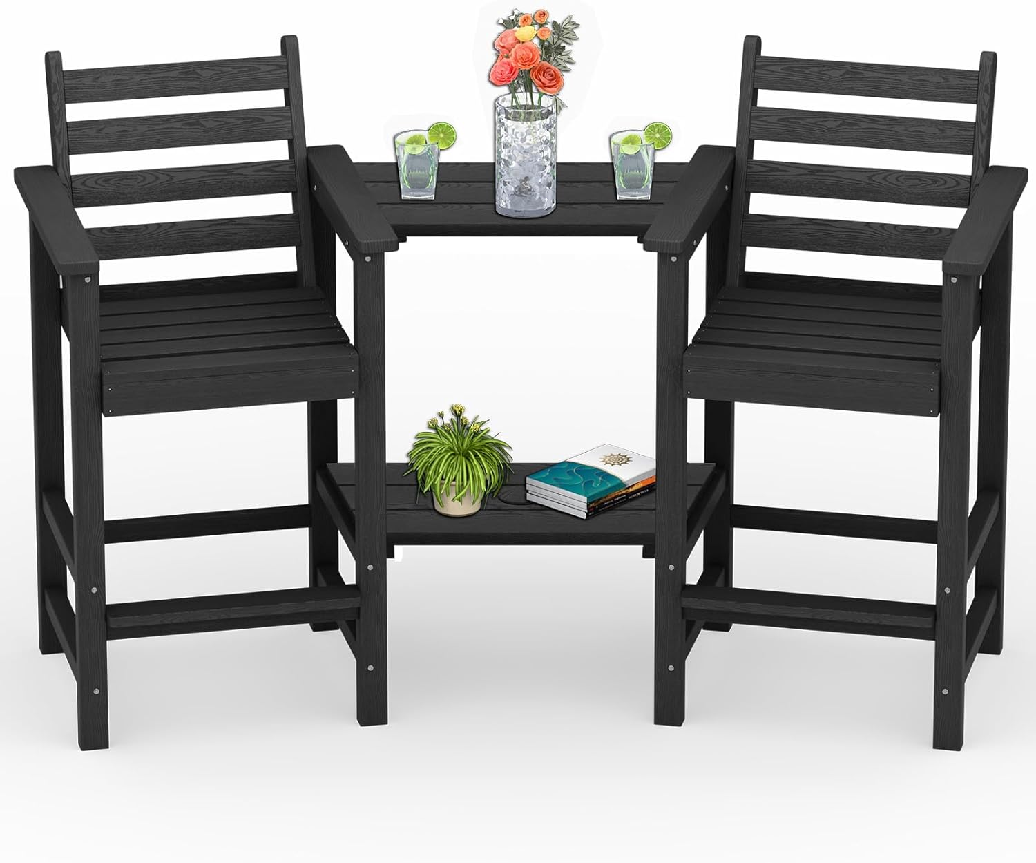 PLUUV Tall Adirondack Chairs Set of 2, All Weather HDPE Poly Bar Height Balcony Adirondack Chair with Removable Double Connecting Trays, Outdoor Adirondack Barstools for Deck, Patio, Yard, Pool, Lawn