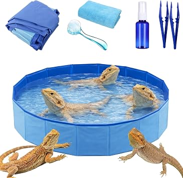 6Pcs Bearded Dragon Pool Foldable Reptile Bathtub & Towel Large or Medium Size, Bath Brush, Spray Bottle & Plastic Tweezers for Bearded Dragons, Bearded Dragon Bath Accessories Medium