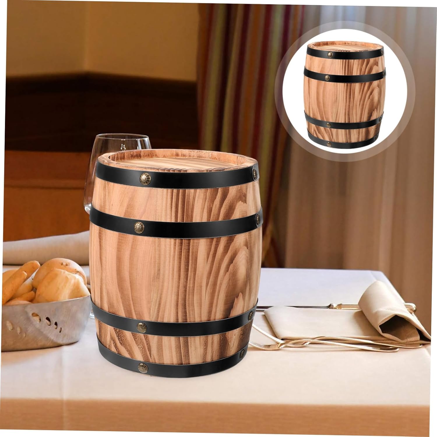 Wood Barrel Decoration for Home and Bar Wine Bucket Prop Rustic Centerpiece for Parties Events and Commercial Spaces