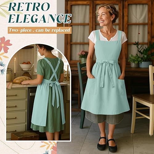 Miniatura 6 de Pinafore - Delantal de vestir para mujer, de algodón, lino, vintage, lindo delantal para cocina, hornear, jardinería