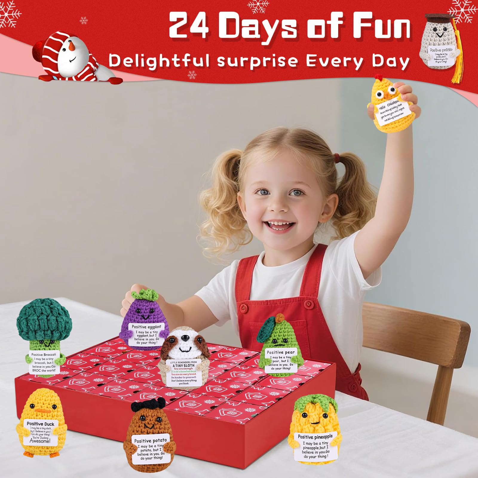 Calendario dell'Avvento fatto a mano con animali all'uncinetto, calendario natalizio di 24 giorni con carte positive, giocattoli di supporto emotivo per bambini, adolescenti, adulti