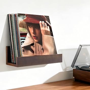 Vinyl Record Shelf Wall Mount, Large Record Holder Storage & Display for Multiple Albums, Wooden Vinyl Record for Music Room, Living Room, Bedroom Walnut Color