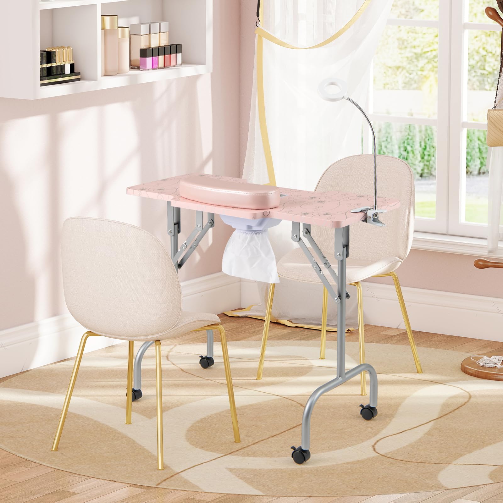 HOMASIS Tavolo Manicure con Aspirazione, Scrivania Unghie Pieghevole Portatile con Cuscino e Borsa Rosa