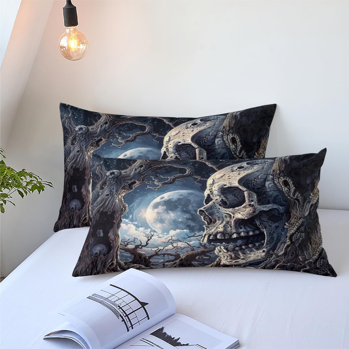 CCoutueChen Halloween Comforter Sets Queen,Gothic Skull Moon Bedding Set Gift for Skull Lover with 2 Pillowcases/90 * 90