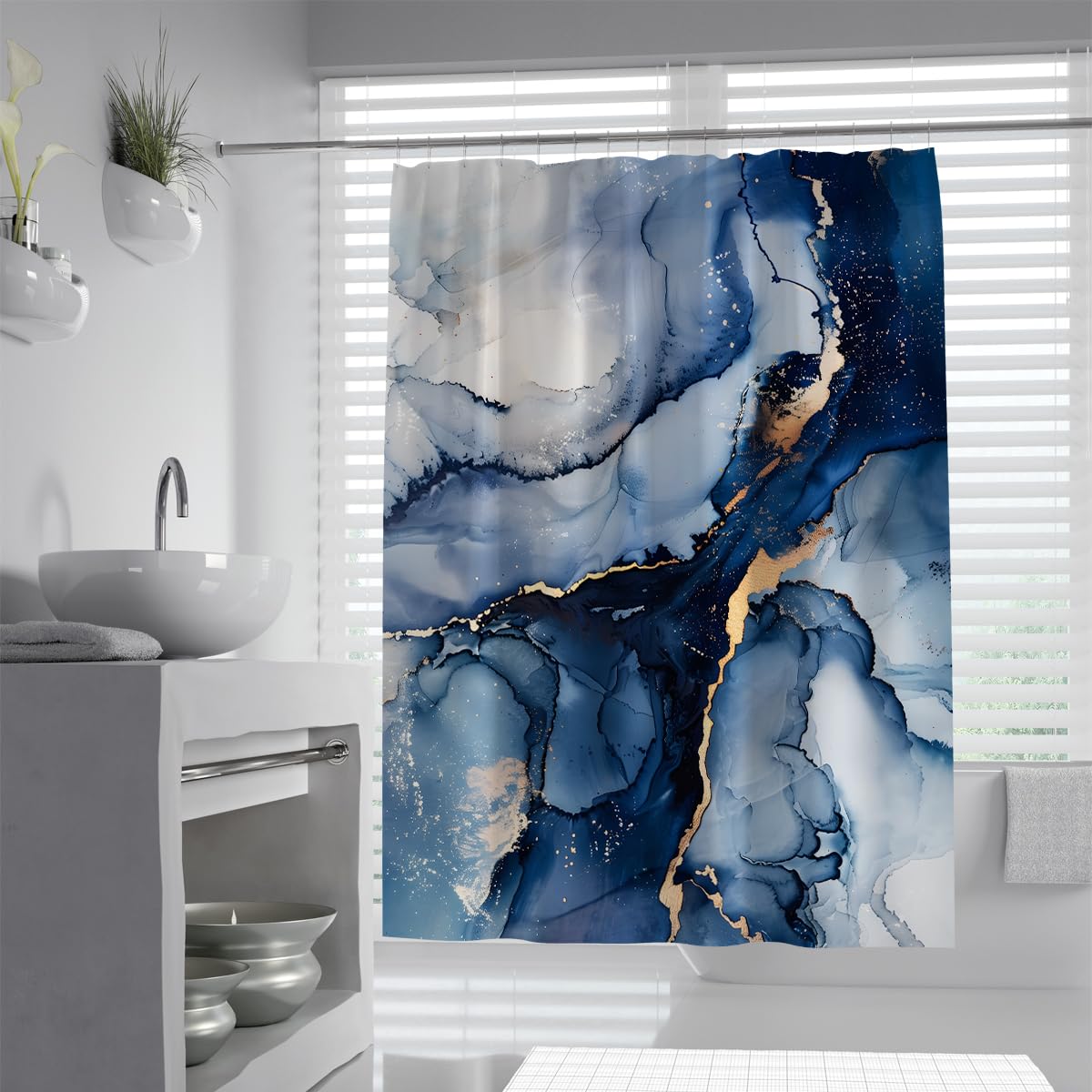 UIRINGART Luxury Navy Blue Bath Drapery W180xL200cm Elegant Gold Ribbon Abstract Marble Fluid Ink Fabric Shower Curtains with Hooks Water Repellent Anti Mould Washable Polyester Tub Screen