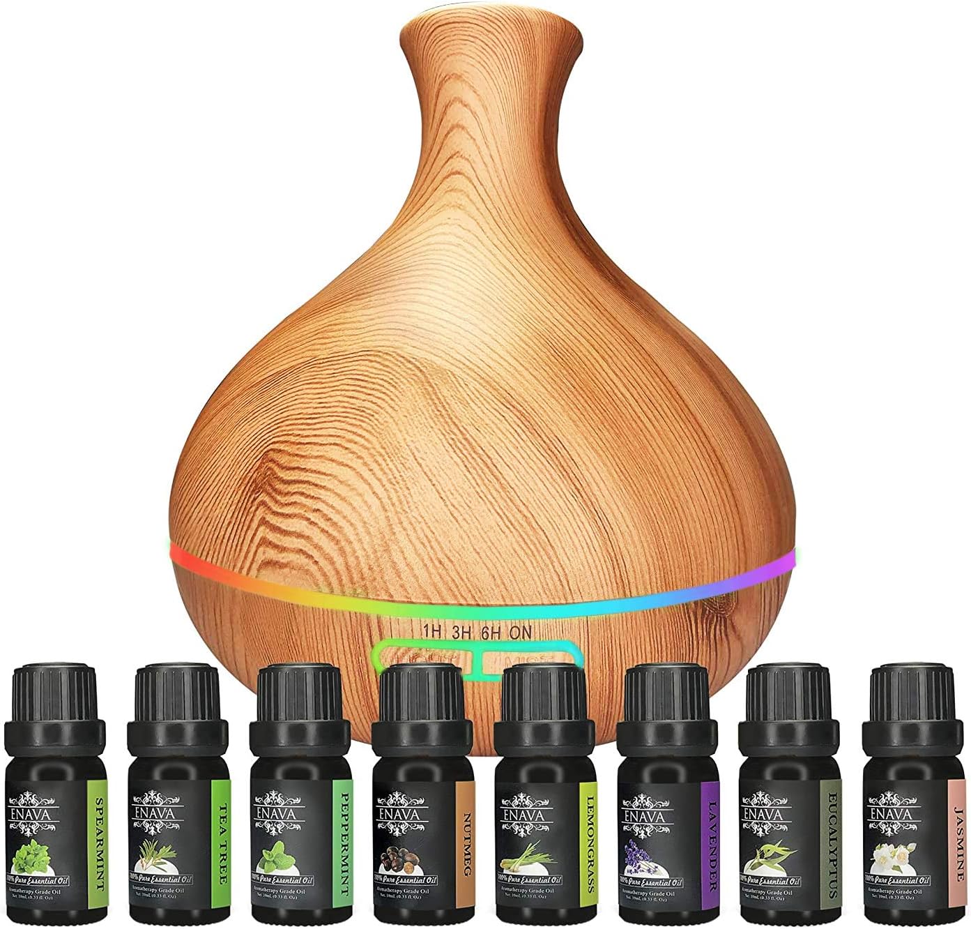 Aromatherapy Diffuser With Essential Oil Set-Ultrasonic Personal Humidifier Diffuser 350 ml Top 8 Oils-Extreme Cool Mist Output Waterless Auto ShutOff and 7 color LED-100% Therapeutic Grade Aroma Oils