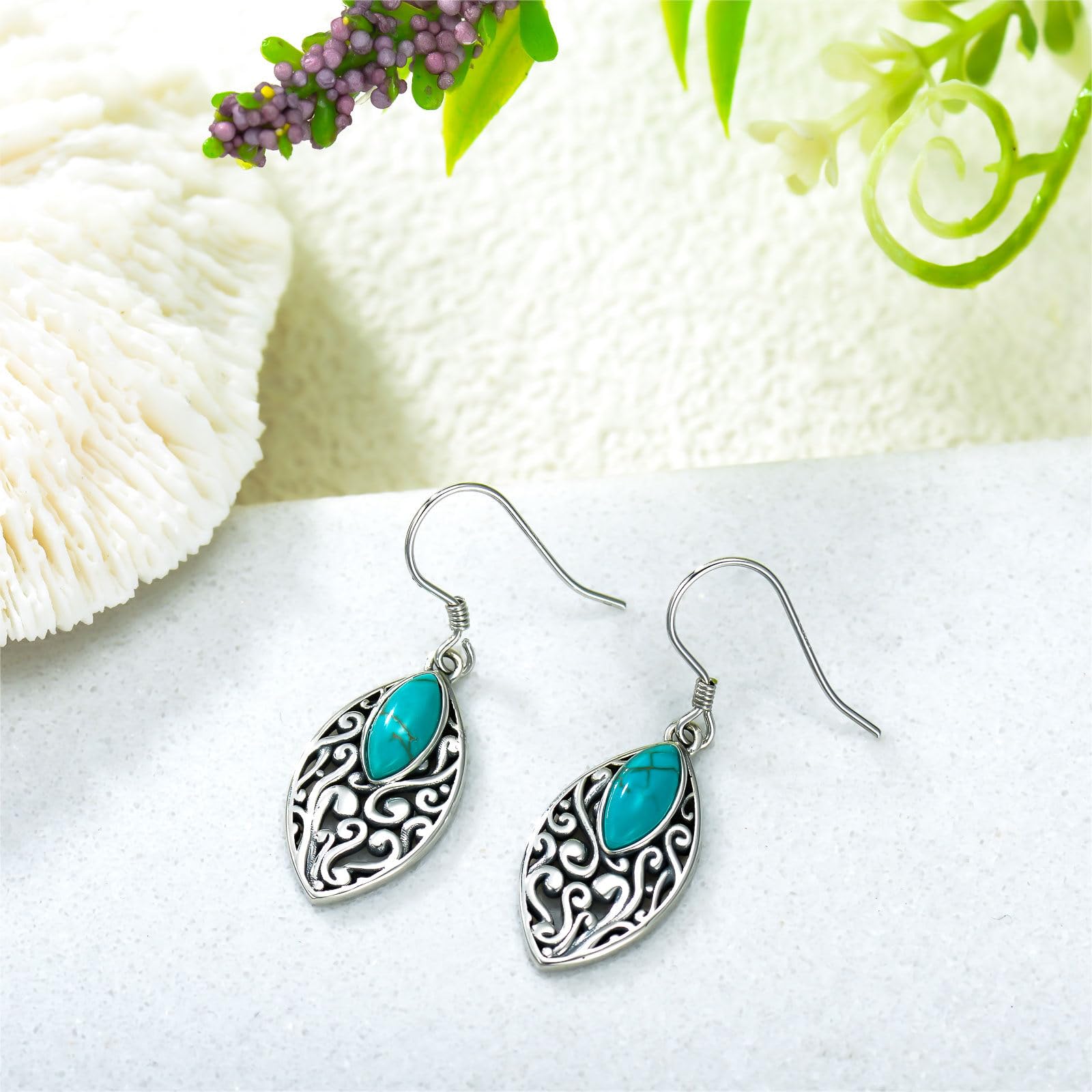 Vintage Filigrane mit Marquise Geformte Türkis Haken Ohrringe 925 Sterling Silber Boho Style Schmuck für Frauen