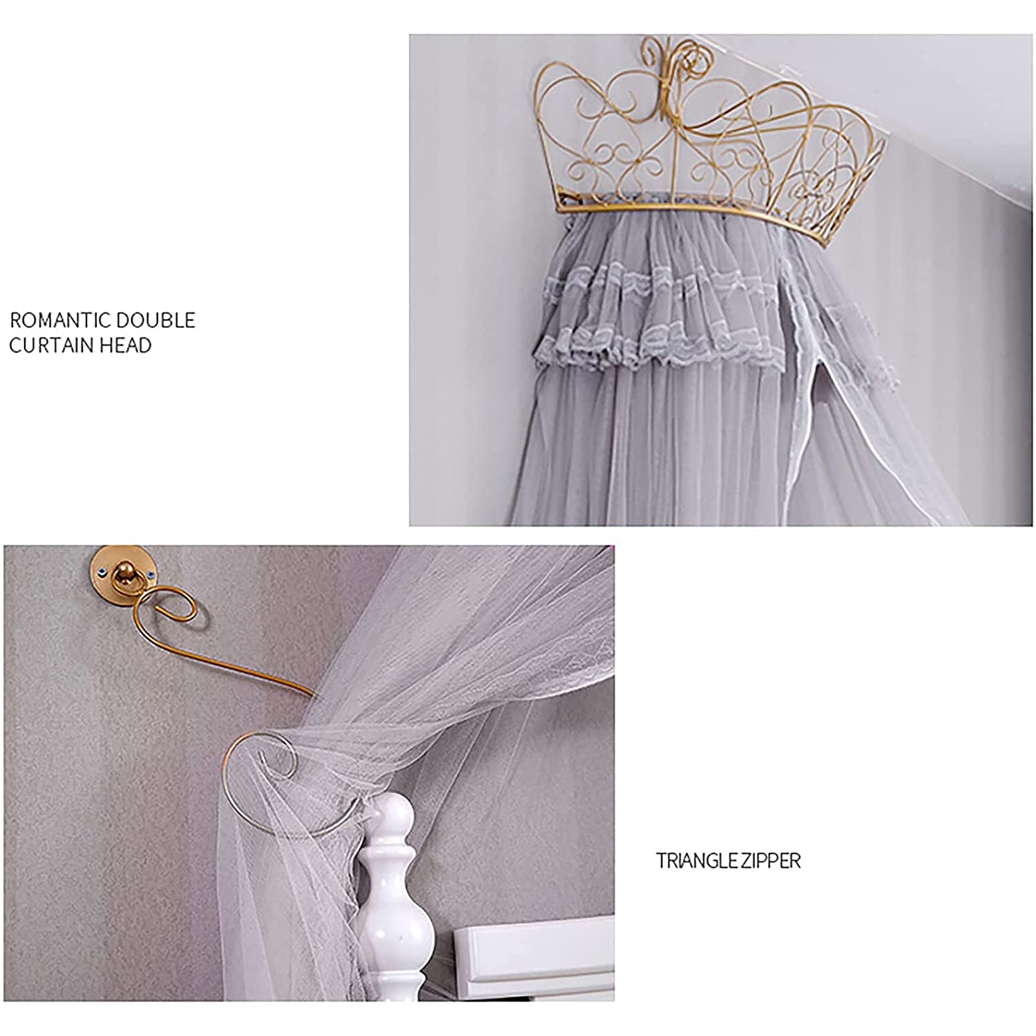 ESGT Mesh kant bed luifel met kroon, prinses bed gordijn court gordijnen met moderne metalen kroon voor volledige koning koningin