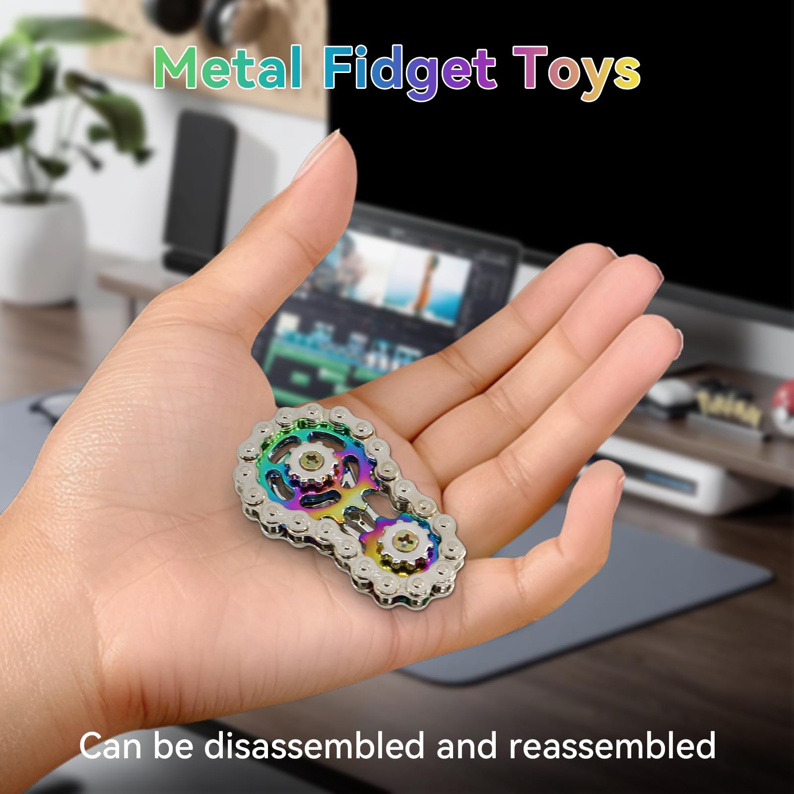 Metalowe zabawki typu fidget, zabawka fidget z łańcuchem rowerowym z 2 biegami, gadżety do redukcji lęku, ręczne spinnery dla dorosłych (srebrny + kolor)