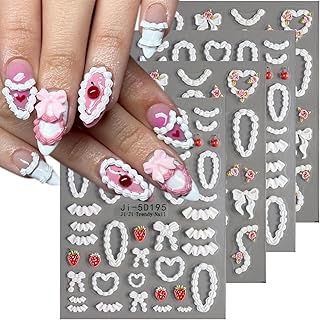Cake Cream 5D Embossed Nail Art Sticker, Cute Birthday Creamy Chain Rose Strawberry Cherry Nail Decals Self-Adhesive French Tip Stickers for Manicure Frame Heart Charms Pegatinas Uñas 4PCS