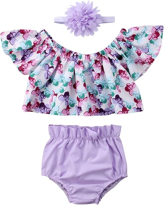Conjunto de 3 piezas de ropa para recién nacido bebé niñas con hombro y  tirantes florales, cortos morados y pantalones cortos, Púrpura, For  0-6Months : Amazon.com.mx: Ropa, Zapatos y Accesorios