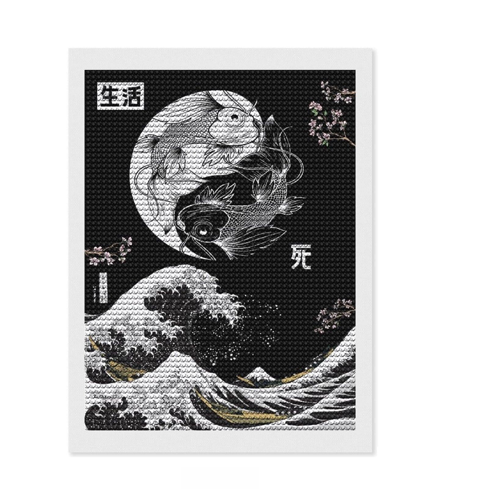 Junmoney Yin Yang Koi Fish Big Wave Diamond Art Kit 12"x16", for Teens, Home Wall Decor, Easy to Enjoy, Holiday Gift Idea, Calming Craft to Unwind