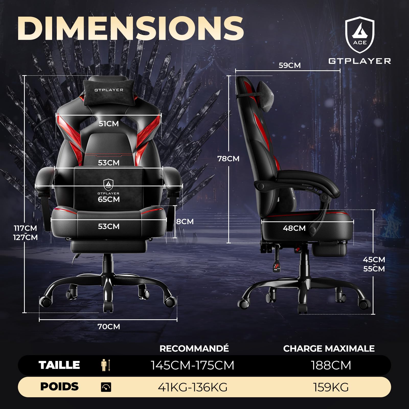GTPLAYER Chaise Gaming avec Repose-Pieds, réglable en Hauteur, accoudoirs réglables, Repose-Pieds intégré, Fauteuil Gaming pour jusqu'à 200 kg, pivotant à 360°, Rouge.