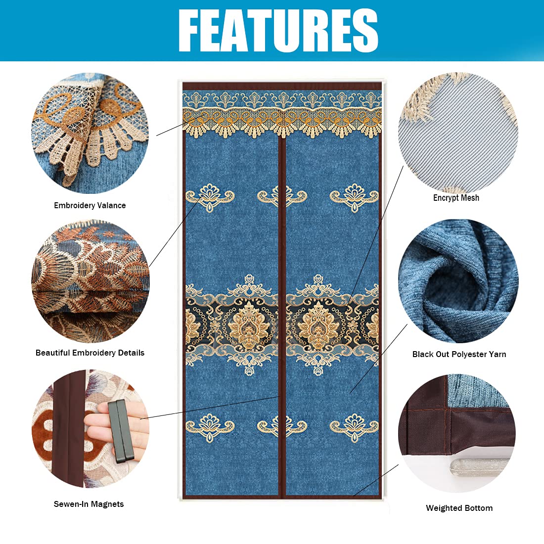 Rideau Occultant pour Porte Avec Embrasses de Rideau Magnétique Thermique Isolation Porte Moustiquaire Rideau De Porte Isolant Coupe-vent Phonique 200x240cm Filet Creux Bleu