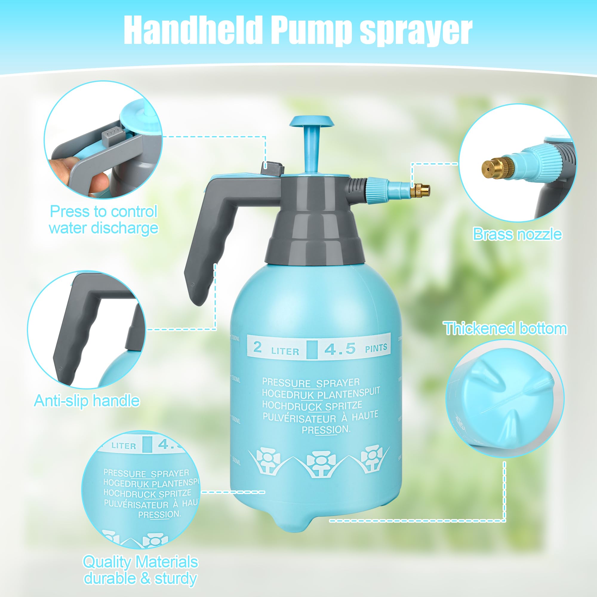 3 pulverizadores de bomba de mano de plástico de 1/2 galón, pulverizador de presión de jardín con boquilla ajustable para plantas, limpieza, tareas domésticas, color azul