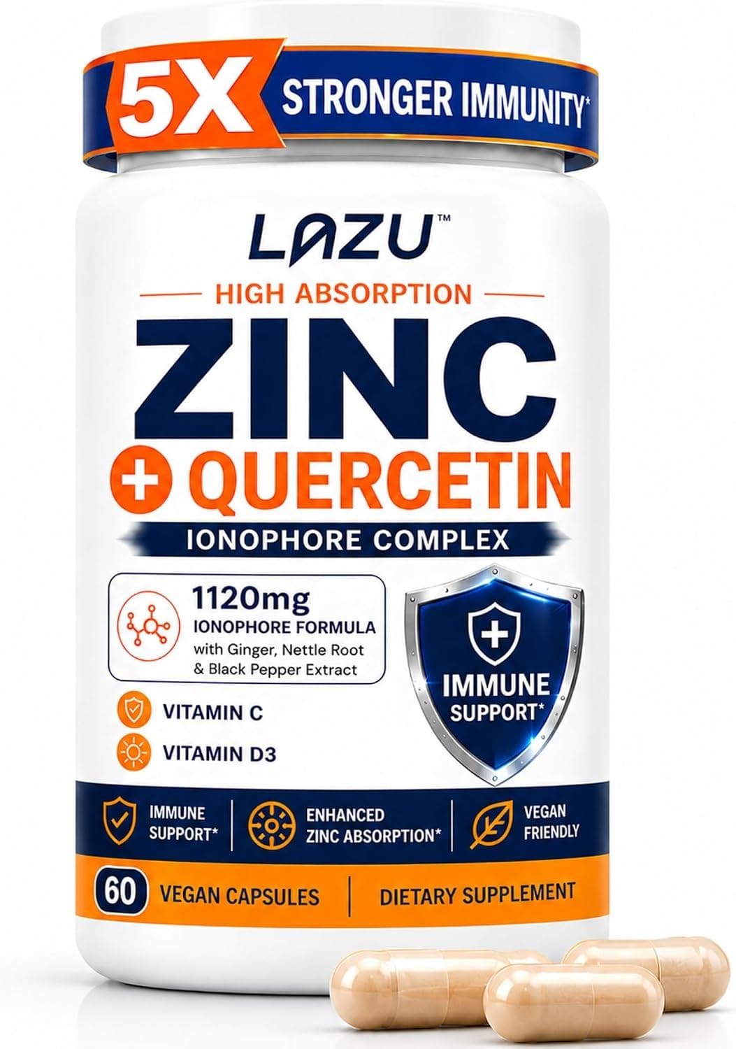 Lazu Zinc Supplements + Quercetin, VIT C & D3 | 1120mg Ionophore Complex