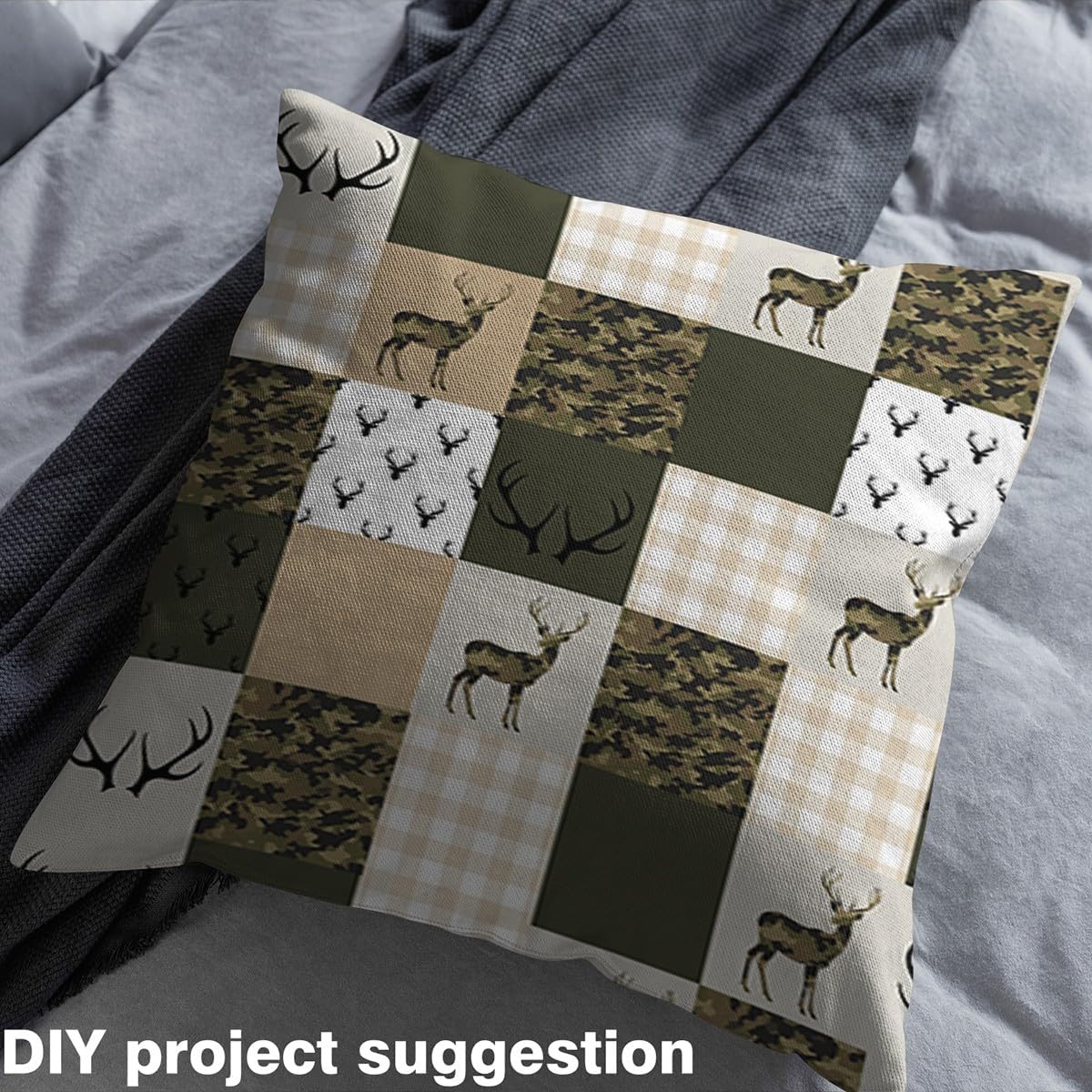 Manfei Camo Deer Fabric by The Yard for DIY Projects, Wild Animal Antlers Fabric for Craft Lovers, Camouflage Plaid Grid Print Decorative Fabric for Sewing Hobby Upholstery and Home Accents, 3 Yard