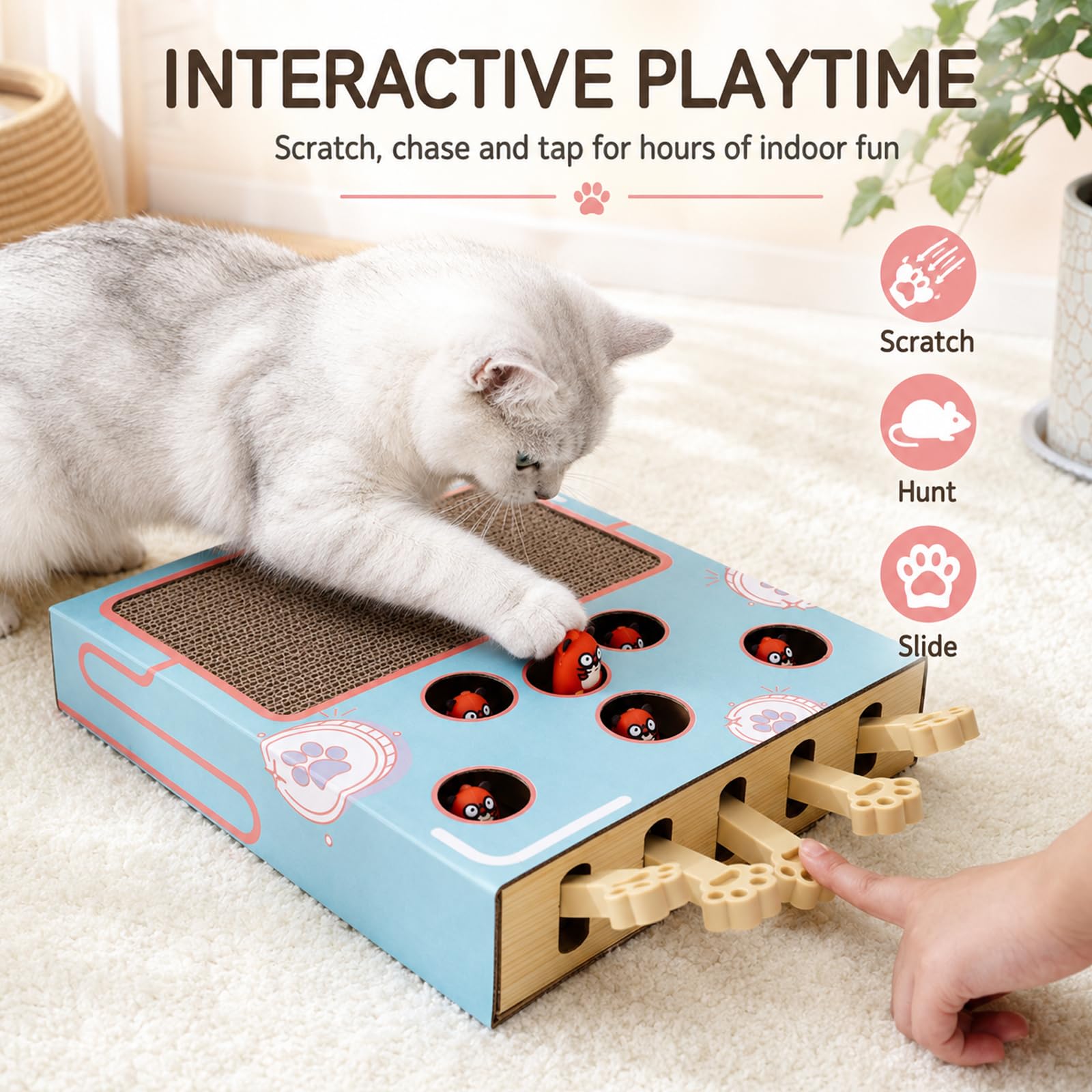 Whack-a-Mole Jouet interactif pour chat 3 en 1 - Planche à gratter et jouet intelligent d'intelligence interactif pour chat - Boîte de récupération de souris interactive contre l'ennui, le stress et