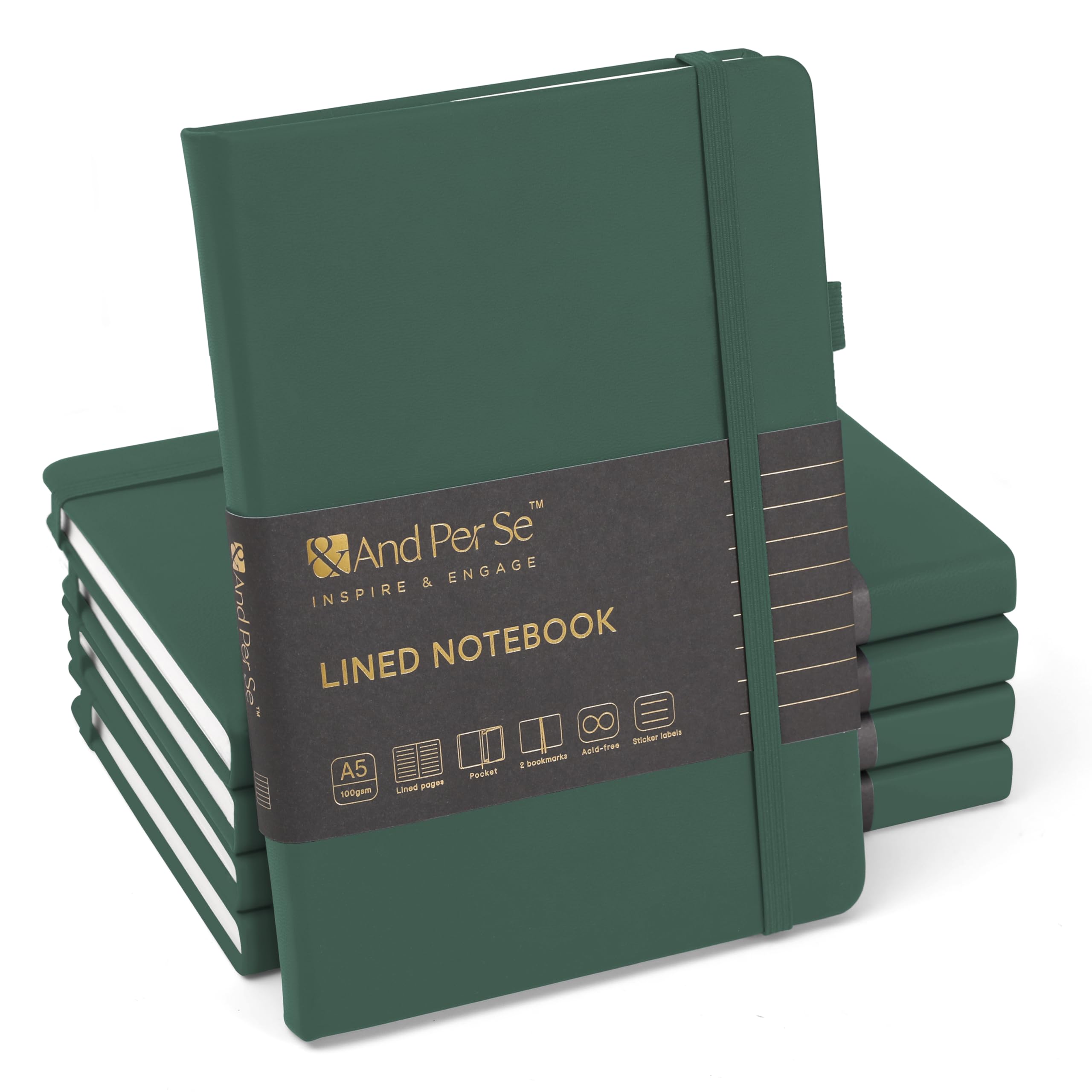 &And Per Se Lined Notebooks Bulk 5-Pack, A5 Hardcover Journal, 160 Pages 100gsm Thick Paper, Classroom Supplies for Students, Teachers, College Ruled Notebooks for School Office (Green) โ image 1