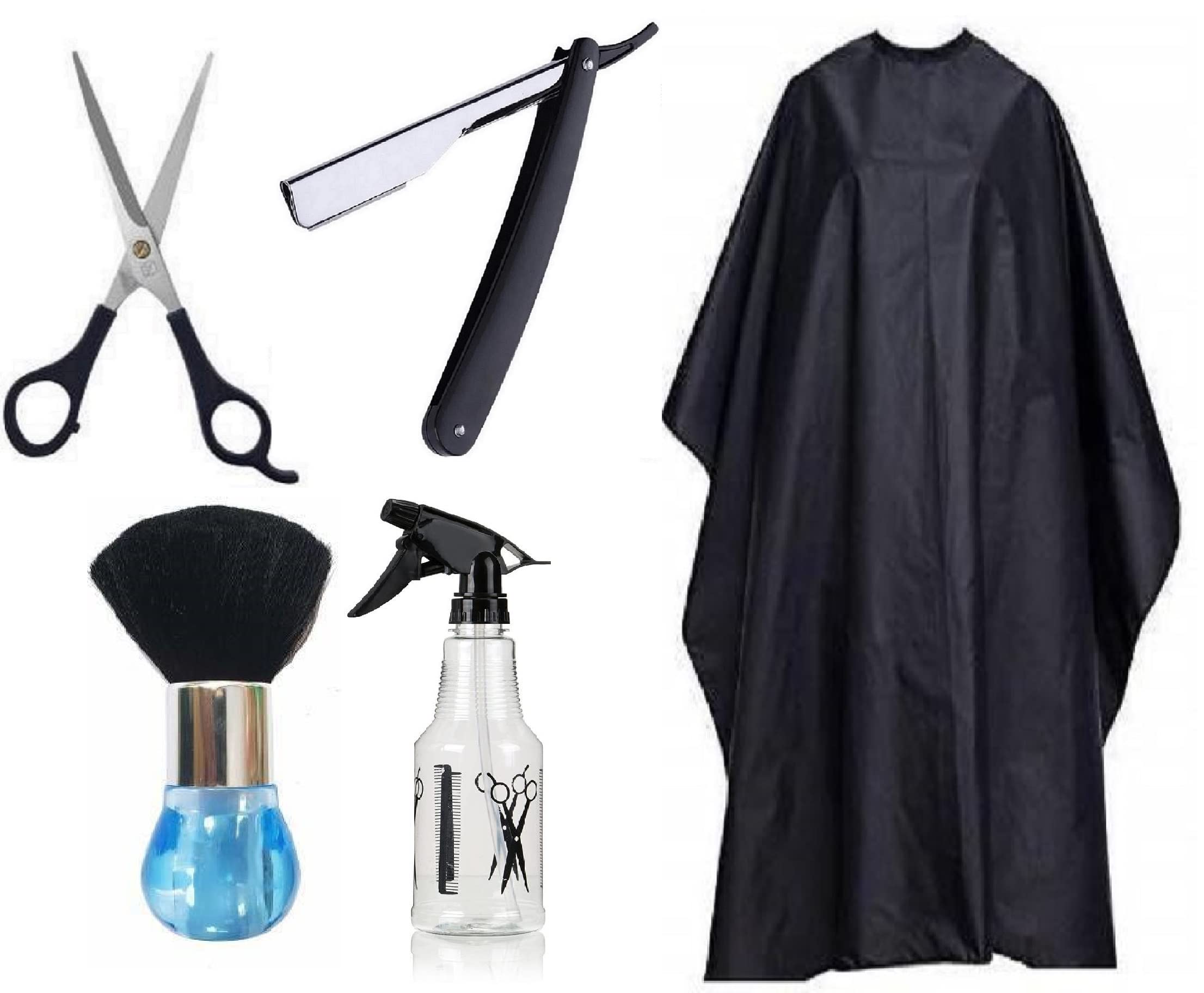 Complete Barber Combo tools for home and saloon use, Hair cutting Sheet, Hair styling Scissor, Neck Face Duster Brush, Razor, Spray Bottle- Men, Women and Kids (5 Items in the set)