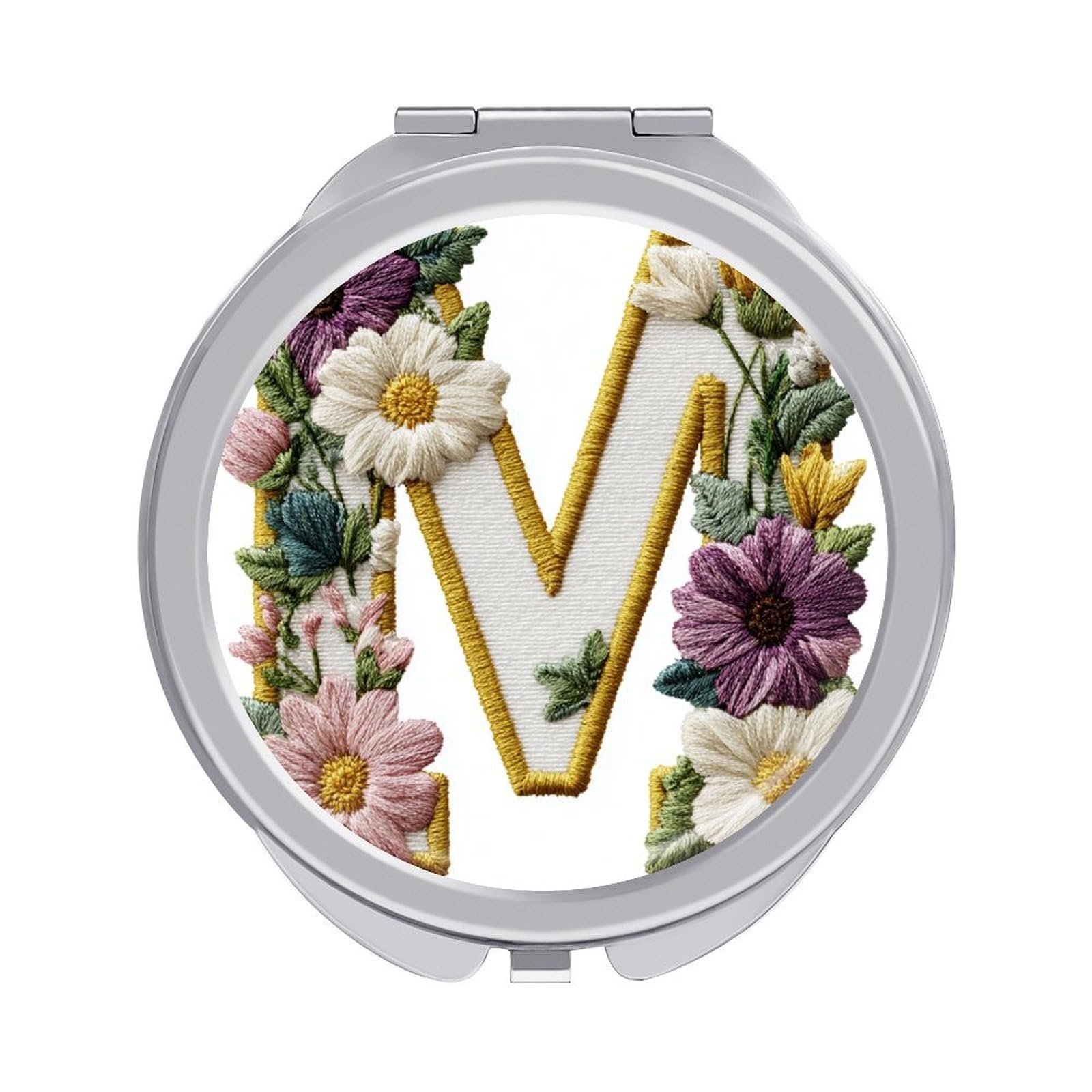 Jubonexis Embroidered Letters M with Flowers Leaves Women Pocket Mirrors, Girls Small Portable Travel Makeup Mini Mirror