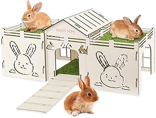 Large Wooden Rabbit Castle Hideout, Bunny House with Artificial Grass, Multi-Chamber Bunny Playhouse Habitat Cage Decor, for Small Pet Rabbit Guinea Pig Chinchilla Hedgehog
