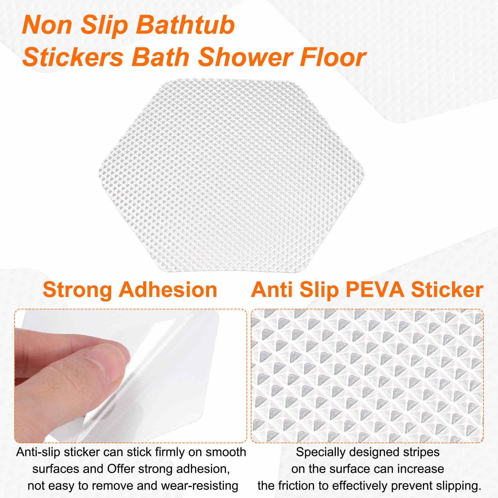 HARFINGTON Juego de 12 calcomanías hexagonales antideslizantes para bañera de 3.15 pulgadas, PEVA, adhesivos antideslizantes con raspador para baño, cocina, peldaños y piscinas, color blanco