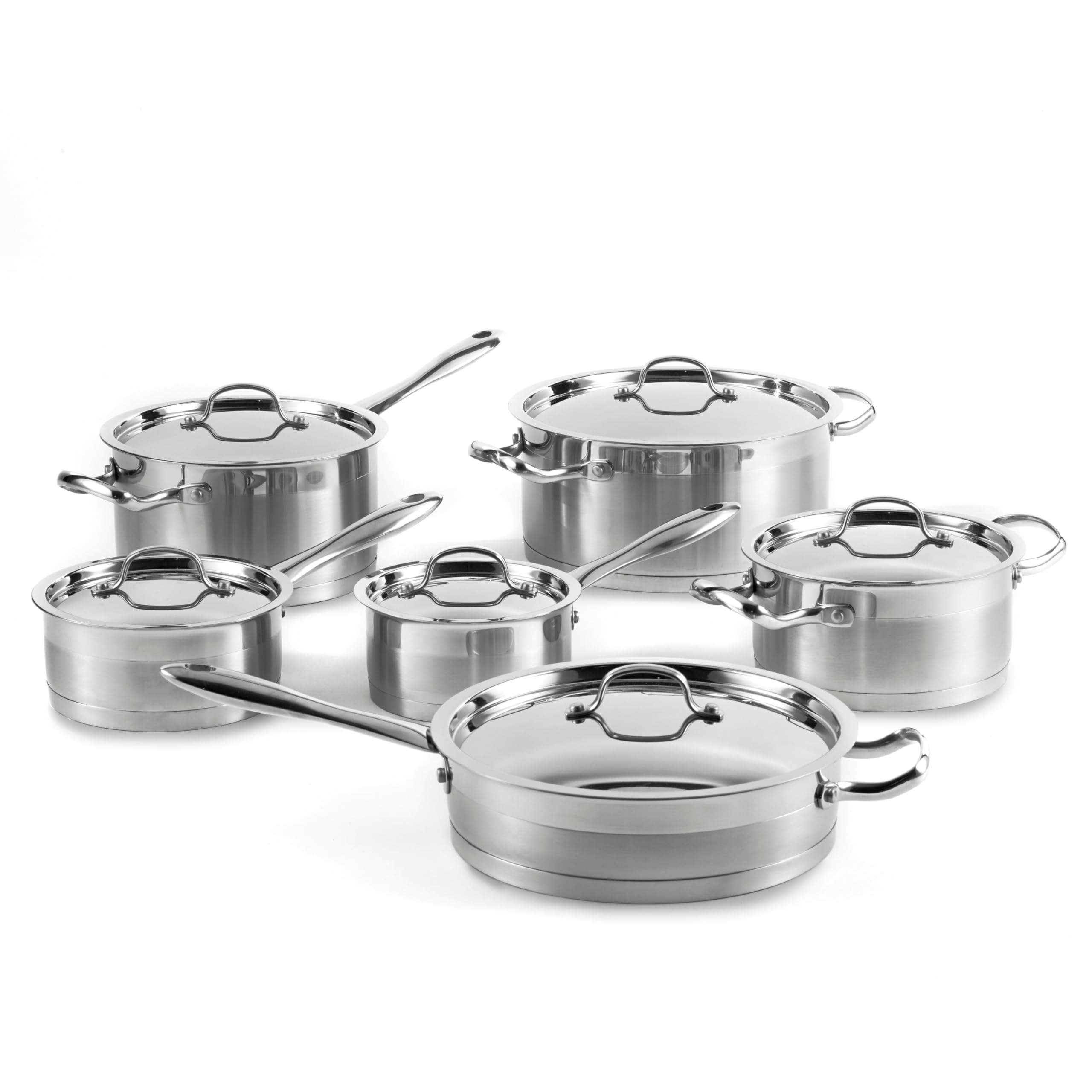Lagostina Commercial Capsule, 12pc Cookware Set, Stainless Steel Pots and Pans, 2 saucepans, 1 casserole dish, 1 saucepot, 1 Dutch oven, 1 sauté pan, 6 lids, Induction safe, 400°F