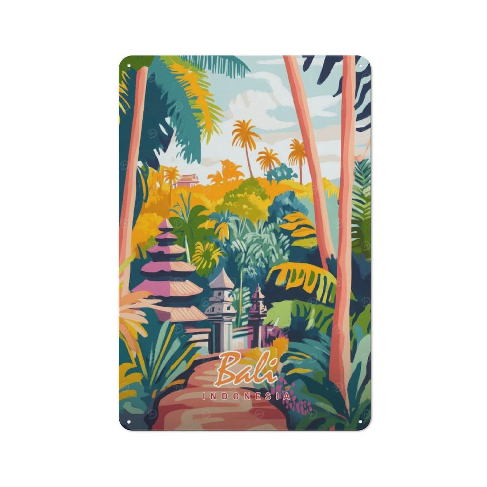 Junmoney Style-16 Vintage Tin Sign 30X20cm With Bali Temple Landscape For Garage Or Workshop, For Metal Sign Collectors, For Cafés, Pubs And Restaurants
