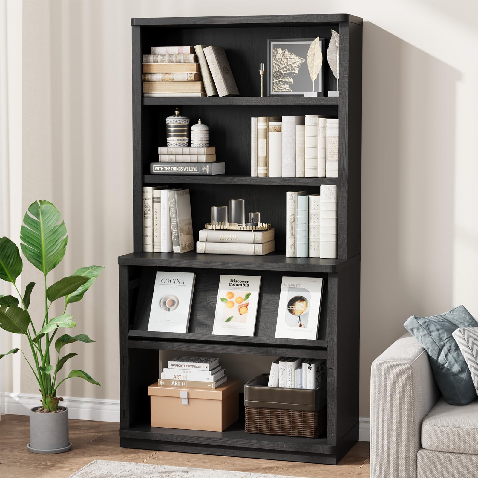 Rresyet 5 Tier Bookcase with Flip-Flop Design, 71" x 37" x 16" Wooden Book Shelf, Extra Bookshelf Storage Organizer, Display Standing Shelf Unit for