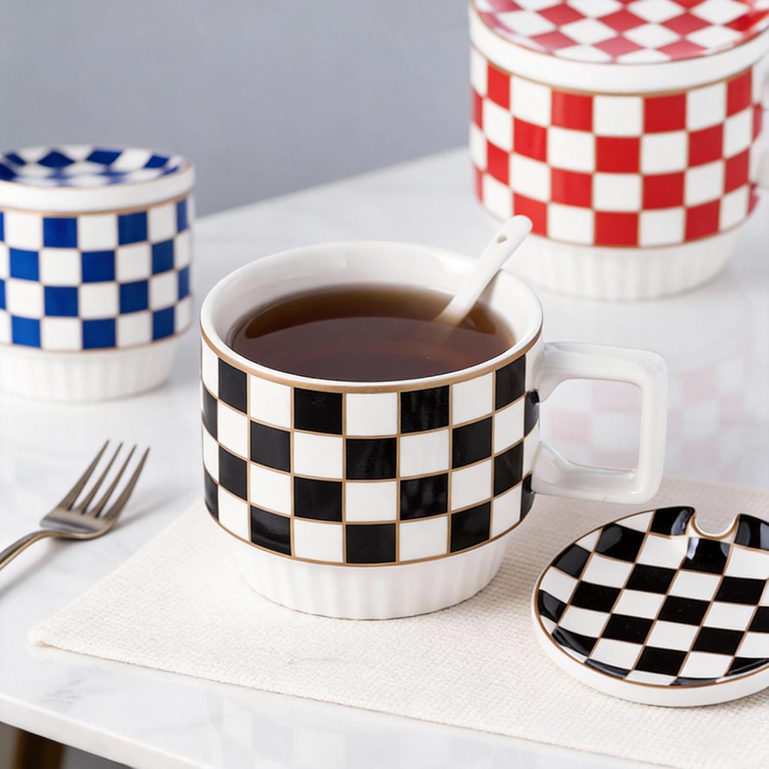 Ceramic Checkered Coffee Mug Set, Black & White Grid Tea Cup with Saucer and Spoon, Stylish Kitchen Drinkware for Coffee, Tea (Black)