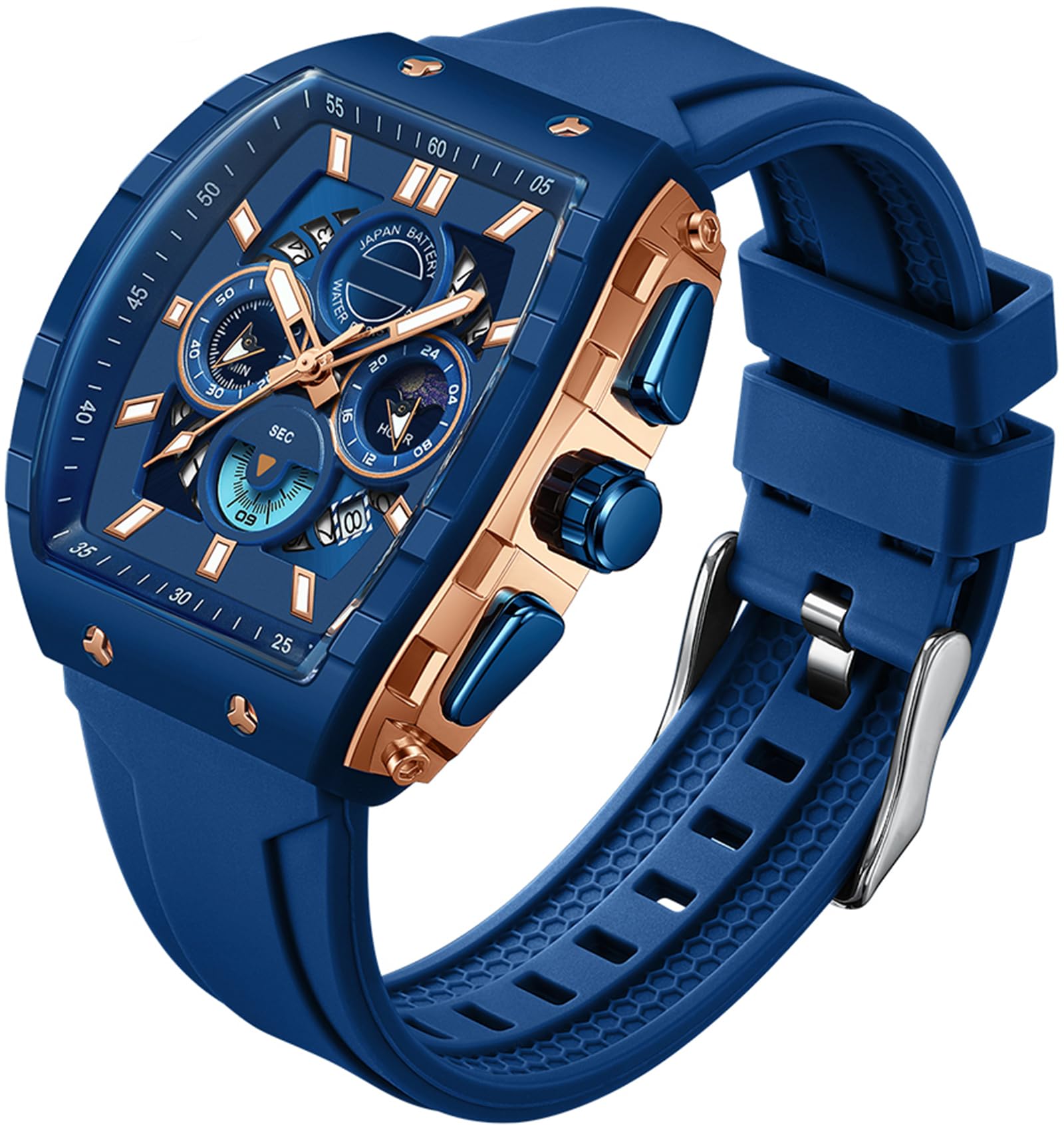 findtime Orologio da polso da uomo, cronografo, grande, sportivo, quadrato, da uomo, militare, analogico, al quarzo, data, orologio sportivo di lusso, per uomini, quadrante luminoso, design