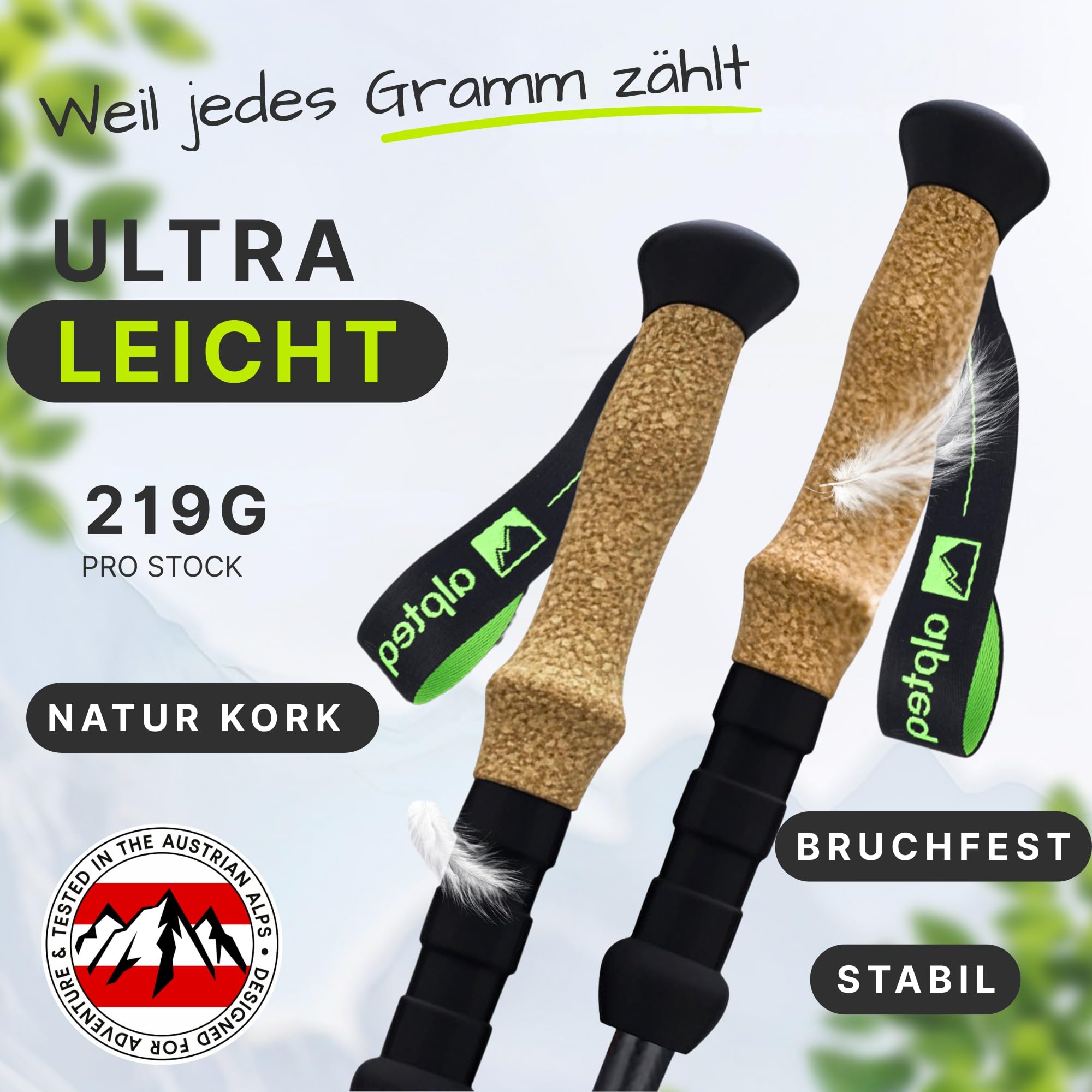 Teleskopowe kijki trekkingowe z włókna węglowego – model zielony – ultralekkie kijki trekkingowe dla kobiet, mężczyzn i dzieci | regulowane 65-135 cm | kijki Nordic Walking z korkowym uchwytem