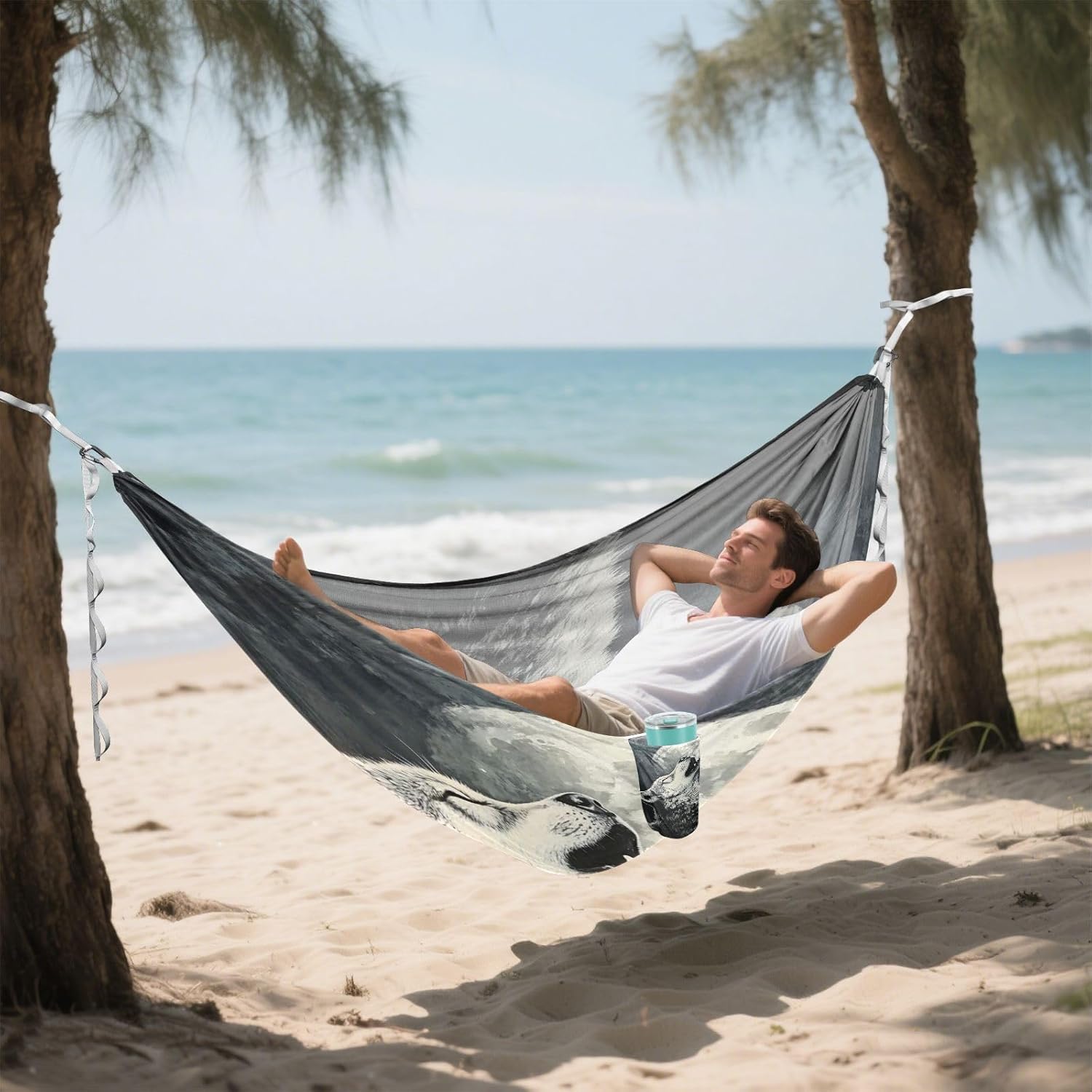 ALAZA Wolf Howling Moon Camping Hammocks Single or 2 Person 500 lbs Portable Parachute Travel Hammock w/Tree Straps for Hiking Backpacking Indoor Outdoor