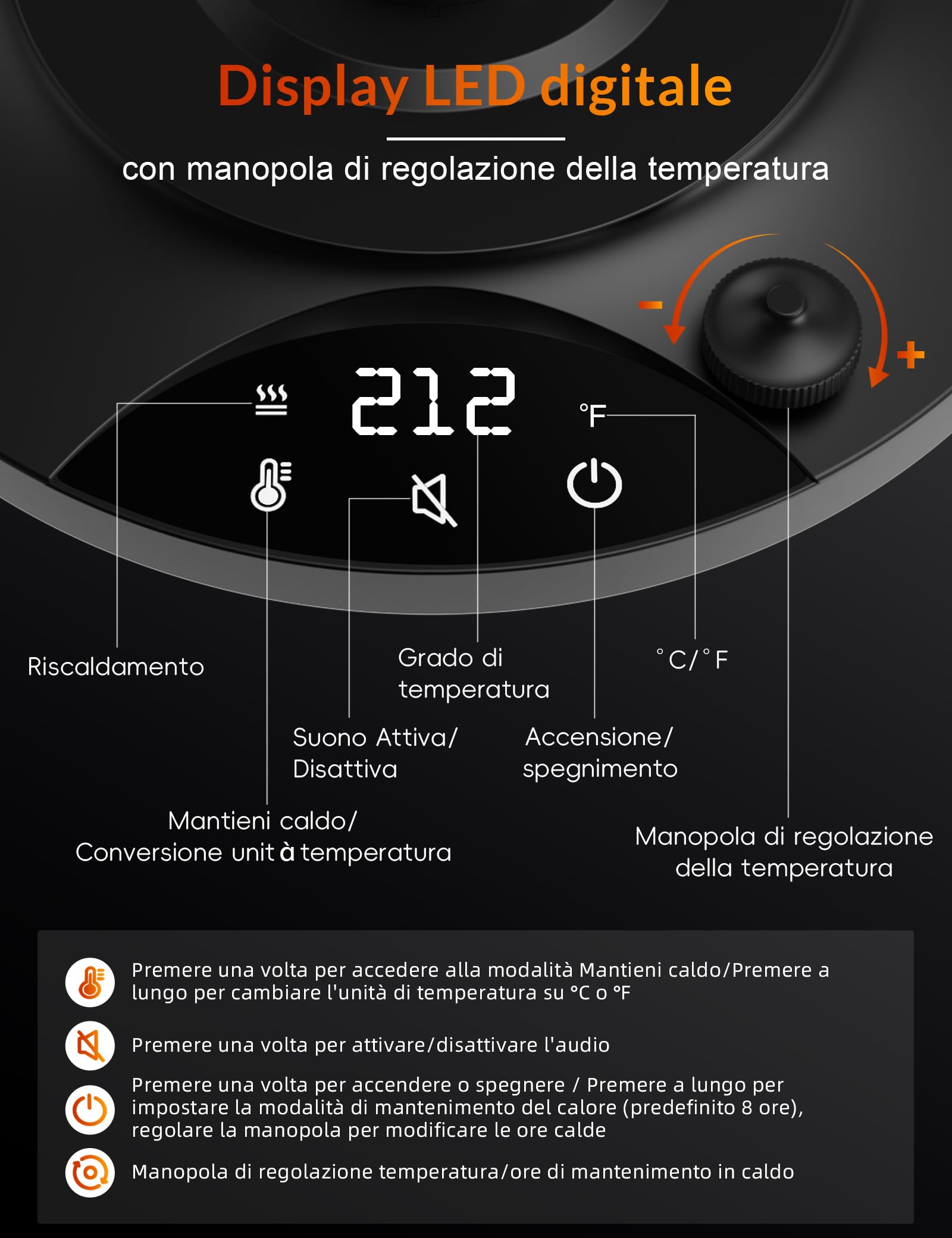 Bollitore elettrico in acciaio inox con regolazione della temperatura, bollitore a collo di cigno, funzione di calore 24 ore, bollitore elettrico da 1200 W con indicatore di temperatura