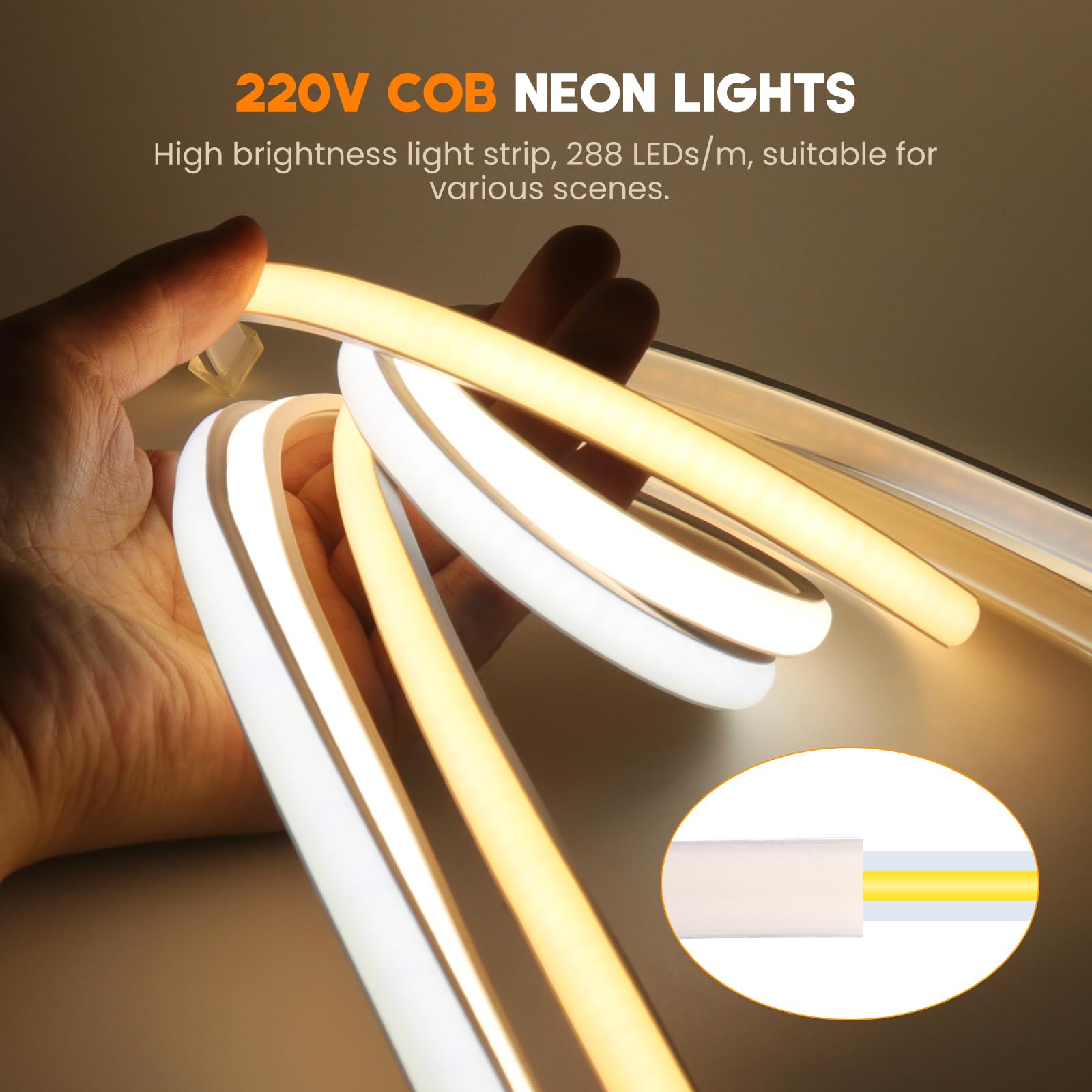 COB LED Streifen 100M,Kaltweiß 6000K CRI≥90 Helligkeit Hohe Neon LED Band,Lumineszenz Linear Hohe Dichte 288LEDs/M LED Lichter mit 220V EU Schaltstecker für Wohnzimmer Schlafzimmer, Weihnachten