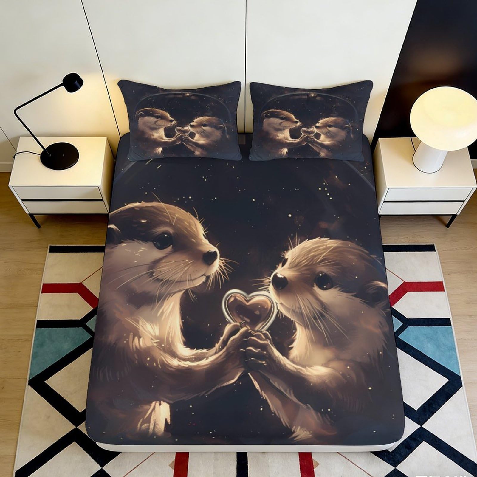 3D Printed Otter Heart Love Fitted Sheet Microfiber Soft Anti-Slip Mattress Cover for Bedroom Dorm Decor 160x200x25cm