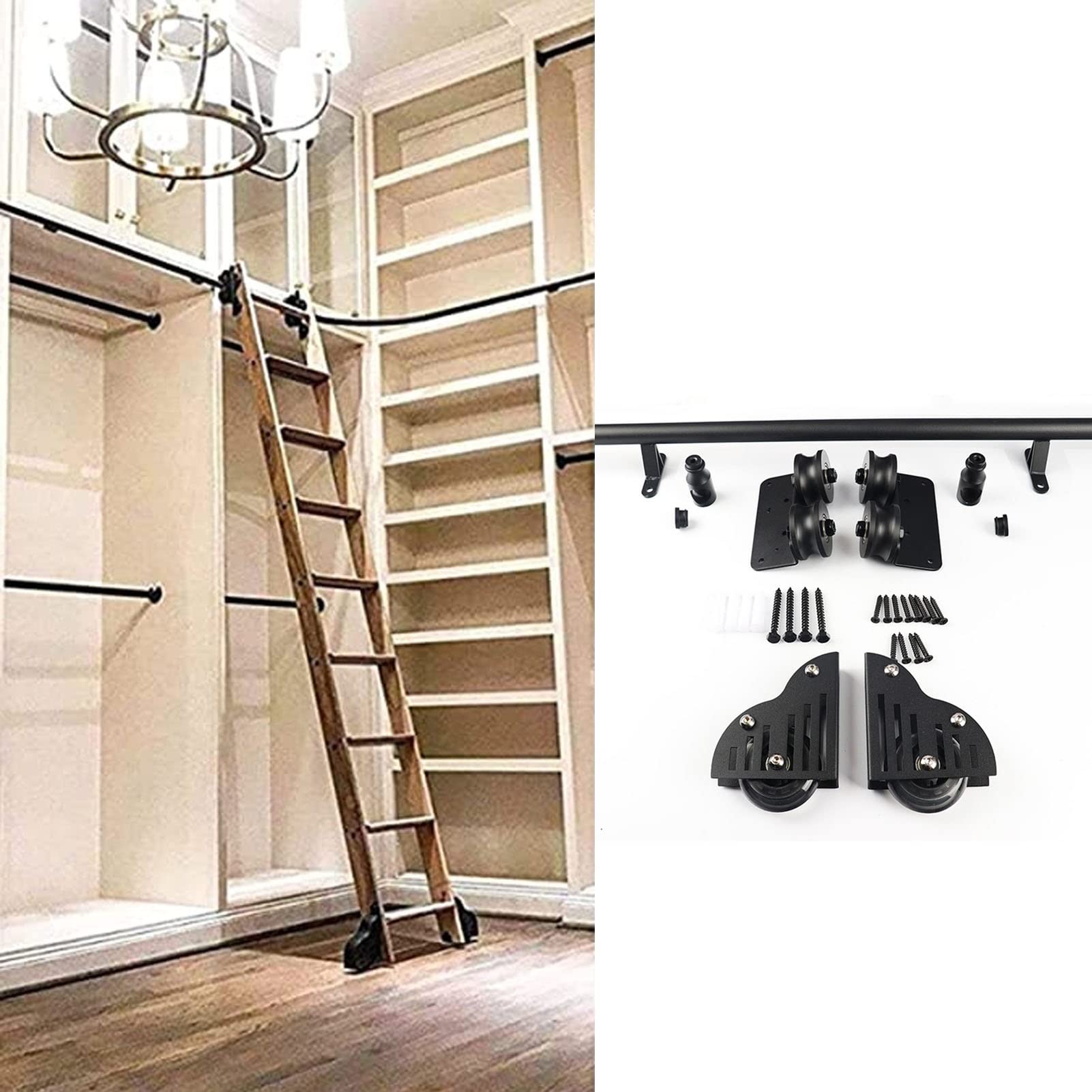 DFGHNBVC Rolling Library Ladder Hardware Kit 3.3Ft-20Ft,Round Tube Mobile Ladder Rail Rolling Ladder Sliding Track Hardware With Floor Roller Wheels