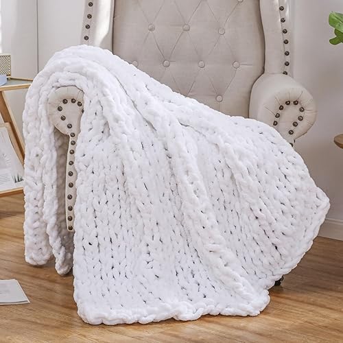 Miniatura 7 de WESHIONGOO Manta de punto grueso para sofá o cama, manta suave y esponjosa con hilo de felpilla jumbo grueso, 100% hecha a mano (blanco, 50 x 60